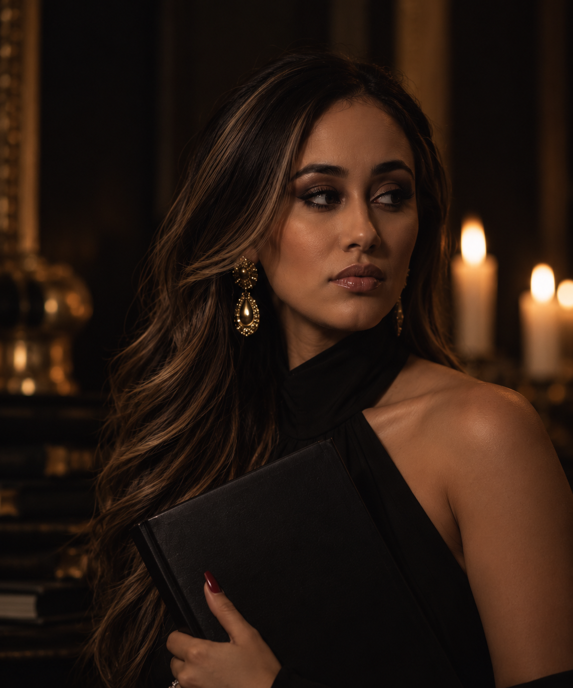 Diana Guevara sosteniendo su Money Making Journal entre velas